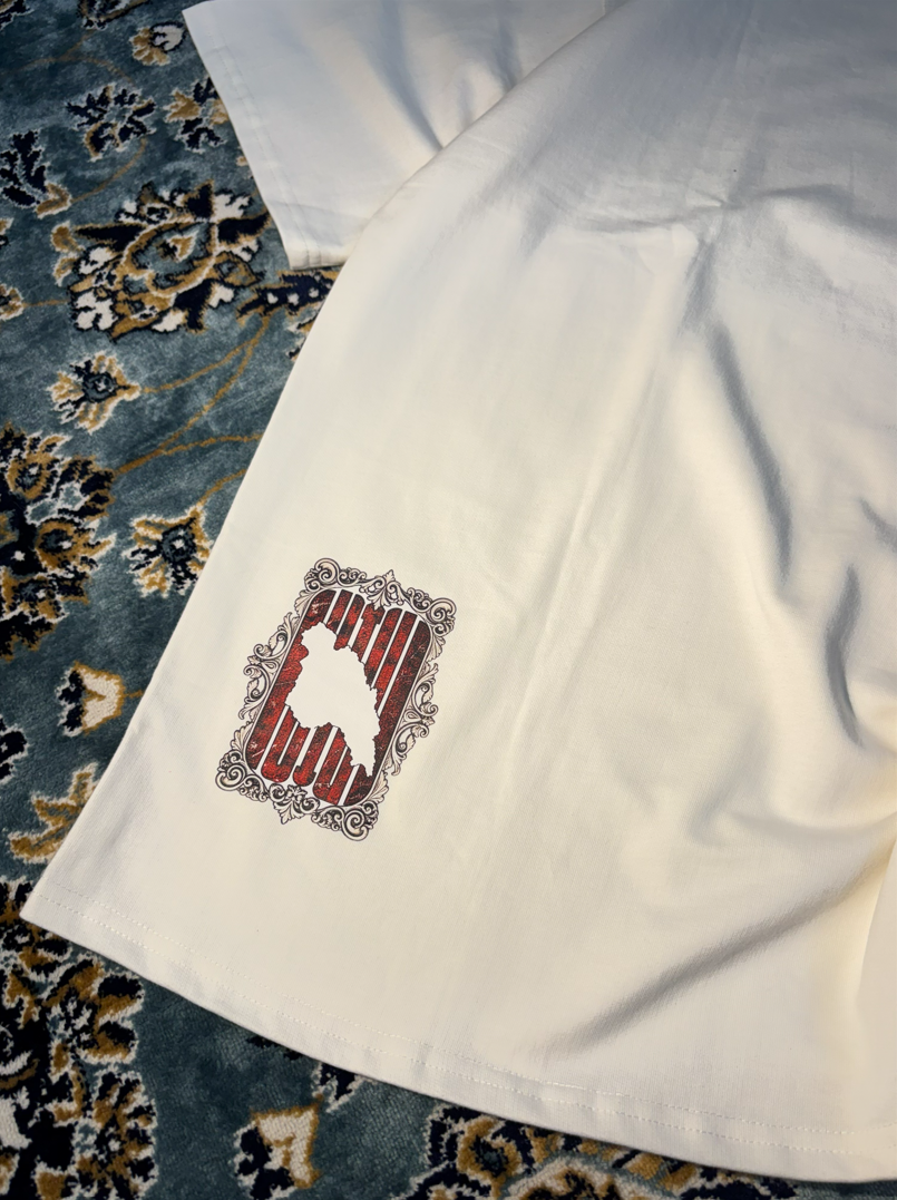 Persian Calligraphy White Oversized Tee – graphic print detail close up